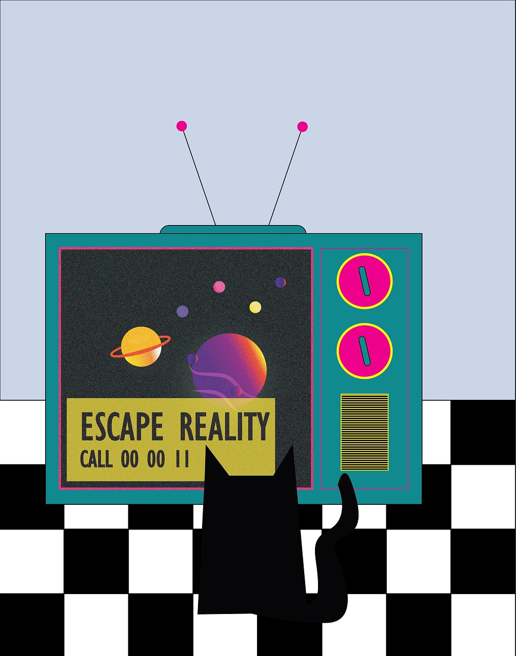 Cartoon cat watching a retro TV with space planets